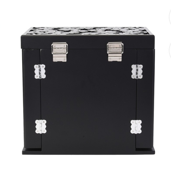 NEW Black Wooden Carved Flower with Crystals 5 Tier Jewelry Box w/Lock - Picture 3 of 8